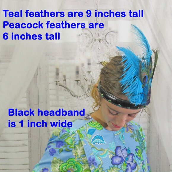 Deco inspired headband, 20s Flapper style, Peacock, blue, teal feathers on black - Picture 4 of 12